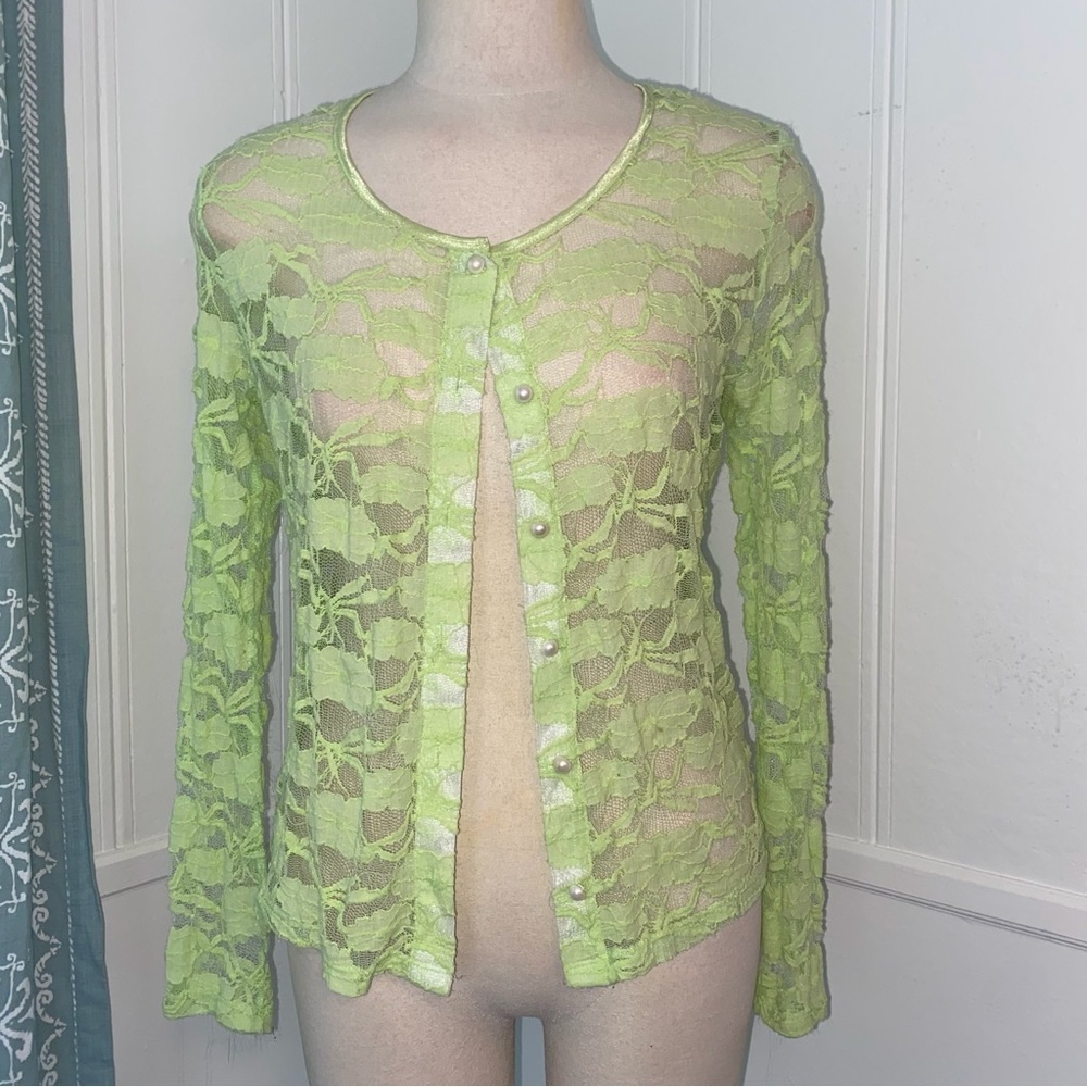 C.d.w. Green lace sweater button up small creative design works